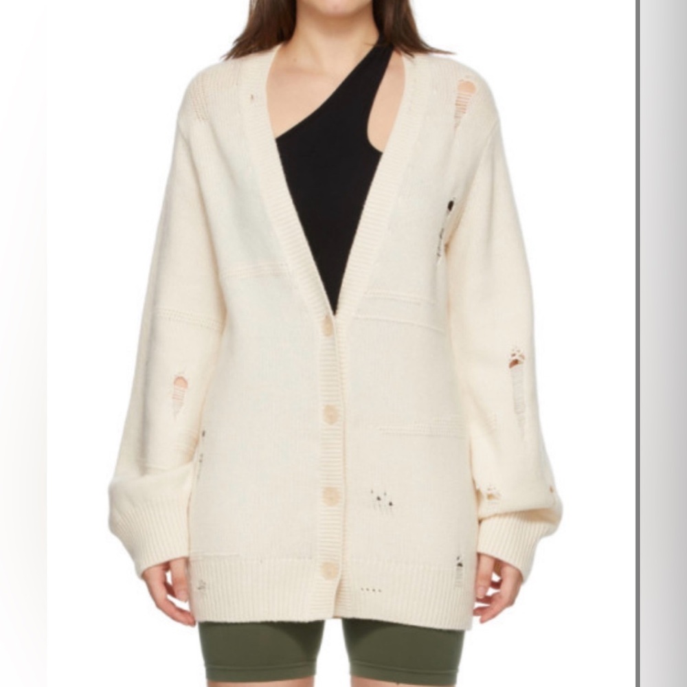 Helmut Lang Distressed Ivory Wool Yak Button-Front Cardigan XS